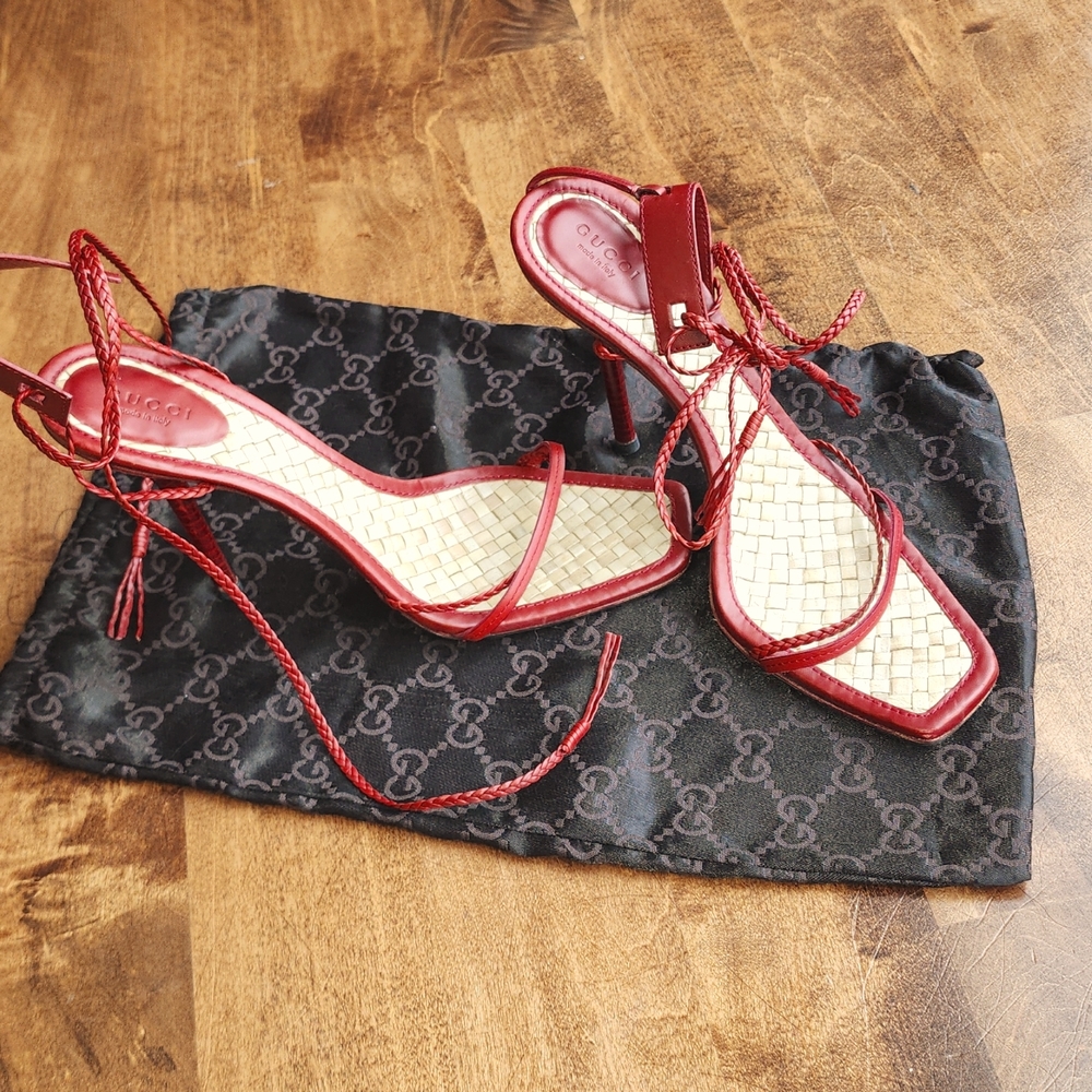 Gucci Red Braided Leather Braided Ankle Strap Sandals Size 39